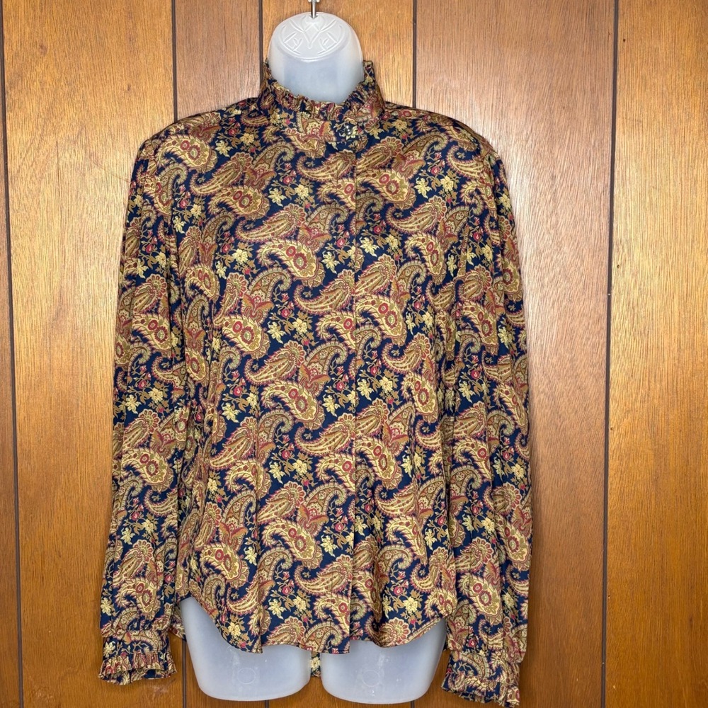 Vintage 90s Foxcroft Blouse Women 12‎ Paisley Ruffle Neck Victorian Boho Cottage